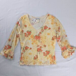 Y2k Yellow Orange Floral V Neck Ruffle Sleeve Ruffle Hem Top